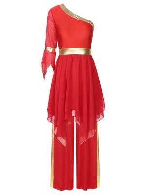 Women One Shoulder Flared Sleeve Dress and Pants Liturgical Praise Dance Set