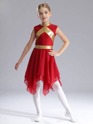 Kids Girls Metallic Sleeveless Asymmetrical Liturgical Praise Dance Dress front image