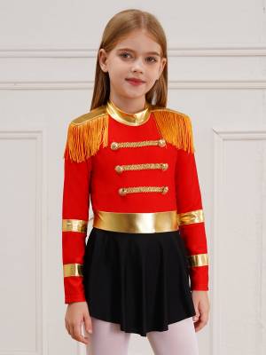 Kids Girls Long Sleeve Keyhole Back Fringe Circus Ringmaster Leotard Dress front image