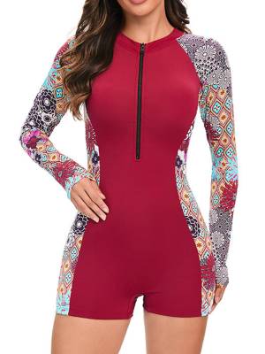 Women Long Sleeve Floral Padded Swim Romper Front Zipper UPF 50 Rashguard