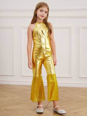 Girls Sleeveless Halter Neck Metallic Sequins Retro Disco Dance Jumpsuit front image