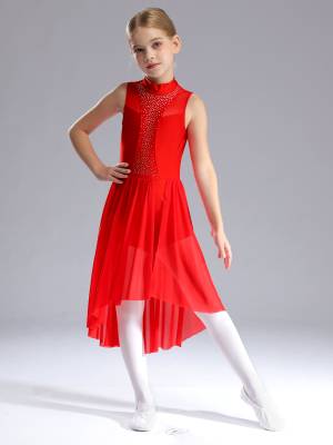 Kids Girls Sleeveless Mock Neck Side Slit Hi-Lo Skating Leotard Dress front image