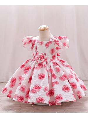 Toddler Girls Short Sleeve 3D Flower Applique A-Line Princess Dress