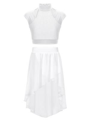 Kids Girls Sleeveless Rhinestones Crop Top and Chiffon Skirt Skating Set front image