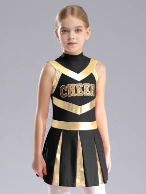 Kids Girls Mock Neck Sleeveless Letter Print A-line Dress for Cheerleading Dance