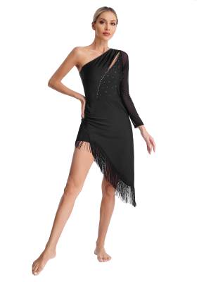 Women Shiny Rhinestones One Shoulder Tassel Latin Dance Dress