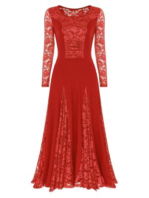 Women Long Sleeve Lace Ballroom Dance Dress