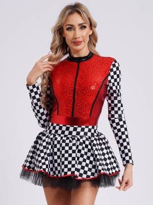 Women Long Sleeve Sequins A-line Tulle Checkerboard Racer Leotard Dress front image