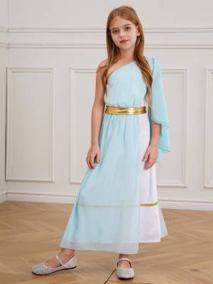 Girls Greek Goddess Toga One Shoulder Tulle Maxi Dress with Metallic Waistband front image