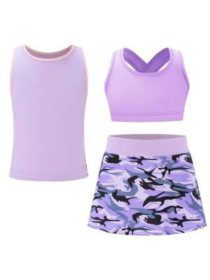 Kids Girls 3pcs Keyhole Crop Top with Vest and Skirt Sports Set for Tennis front image