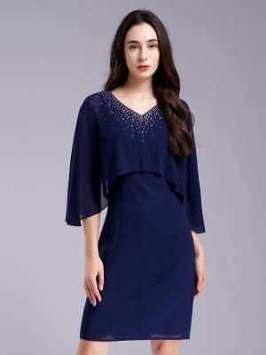 Women Rhinestones Party Dress V Neck Pencil Chiffon Dress for Evening