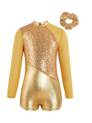 Kids Girls Long Sleeve Sequins Metallic Gymnastic Leotard with Headwear