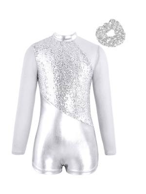 Kids Girls Long Sleeve Sequins Metallic Gymnastic Leotard with Headwear front image