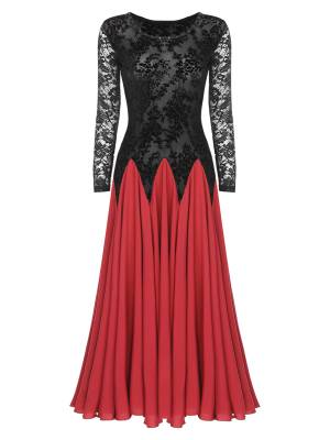 Women Ballroom Dance Dress Long Sleeve Lace for Waltz Cha-Cha