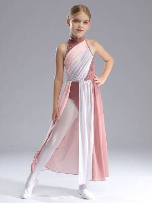 Kids Girls Sleeveless Colorblock Side Slit Chiffon Maxi Dress for Lyrical Dance front image