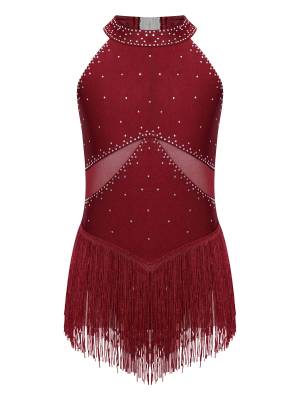 Kids Girls Glittery Rhinestones Halter Neck Tassel Figure Skating Leotard front image
