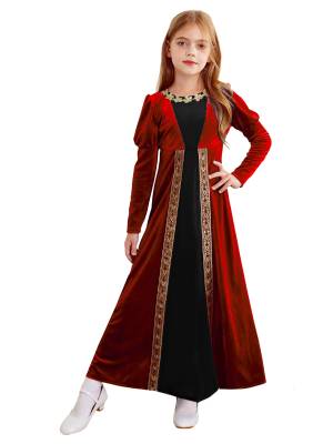 Kids Girls Medieval Renaissance Velvet Long Sleeve Flowers Retro Princess Dress