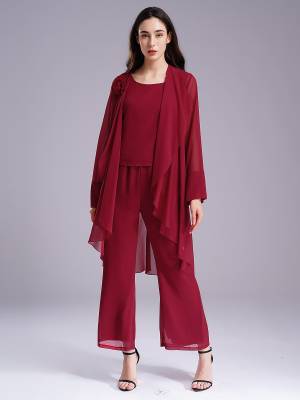 Women Chiffon 3pcs Suit Tank Top and Long Sleeve Cardigan Pants Set front image
