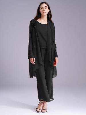 Women Chiffon 3pcs Suit Tank Top and Long Sleeve Cardigan Pants Set