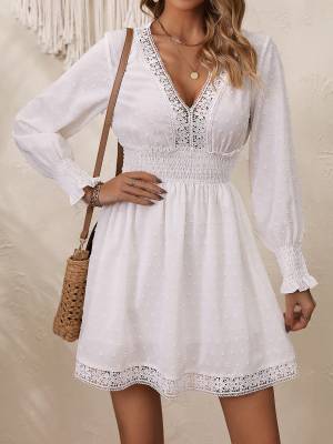 Women V Neck Long Sleeve Boho Style  A-Line Dress