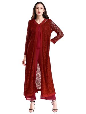 Women Long Sleeve Open Front Floral Lace Long Cardigan for Evening Party