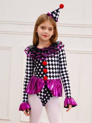 Kids Girls Circus Clown Costume Long Sleeve Checkerboard Polka Dots Bodysuit