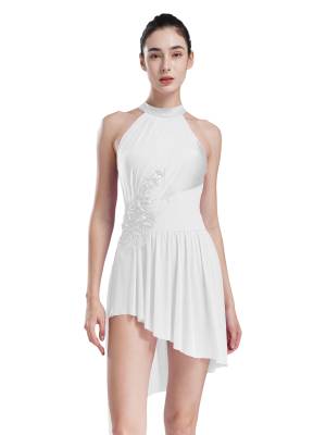 Women Sleeveless Rhinestones Asymmetrical Lyrical Dance Leotard Dress