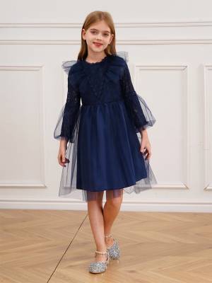 Kids Girls Long Sleeve Lace Party Gowns Flower Girls Dress