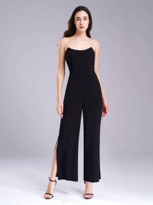 Women Strapless Empire Waist Slit One-piece Jumpsuit for Cocktail