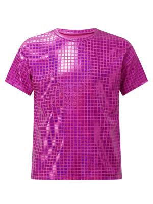 Kids Girls Boys Round Neck Short Sleeve Plaid Sequins Cheerleading Dance T-shirt