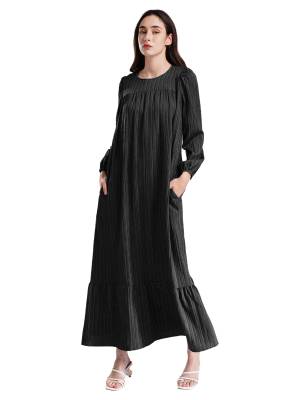 Women Loose Round Neck Long Sleeve Ruffled Hem Maxi Dress for Vacation front image