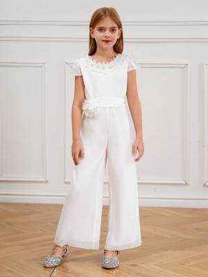 Kids Girls Short Sleeve Flower Applique Jumpsuit for Party front image
