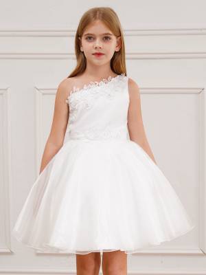 Kids Girls One Shoulder Embroidered A-line Tulle Communion Dress front image