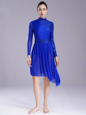 Women Long Sleeve Mock Neck Sequins Asymmetrical Lyrical Dance Leotard Dress front image
