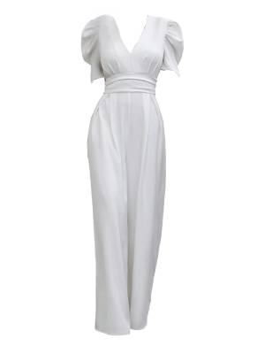 Women Solid Color V Neck Puff Sleeve Wedding Guest Jumpsuit