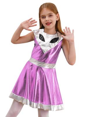 Kids Girl Sleeveless Metallic Y3K A-line Dress Halloween Alien Costume front image