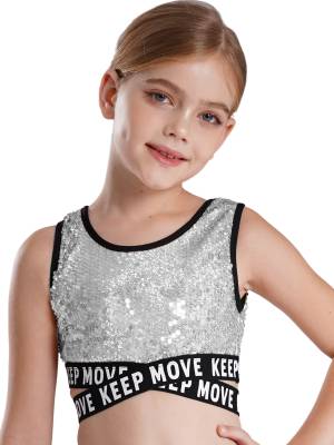 Kids Girls Sequin Sleeveless Criss-cross Waistline Crop Top for Dance front image