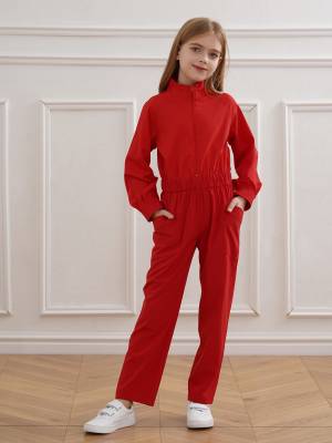 Kids Girls Long Sleeve Zipper Front Solid Color Coverall Jumpsuit front image