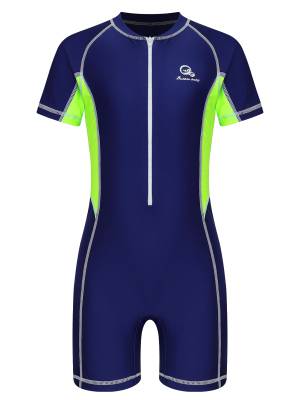  Kids Boy One Piece Swimsuit Short Sleeve Color Block Rash Guard front image