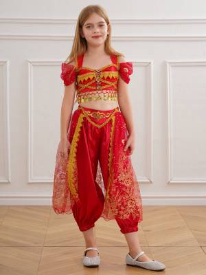 Kids Girl Short Sleeve Sequins Crop Top and Pants Set Arabian Princess Costume