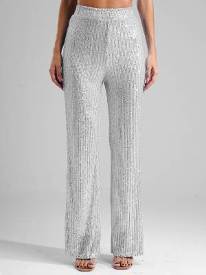 Women High Waist Glitter Sequins Loose Pants for Dance Party front image