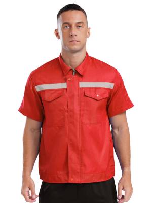 Men Short Sleeve High Visibility Reflective Stripes Zipper Work Shirt