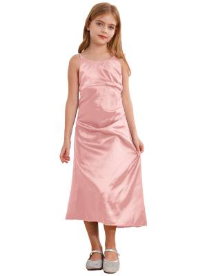Kids Girls Satin Junior Bridesmaid Dress Straps Solid Color Tea Length Dress