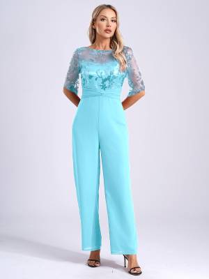 Women Sequined Mesh Short Sleeve Cocktail Jumpsuit front image