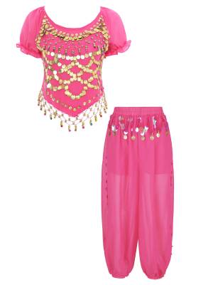 Women 2pcs Short Sleeve Sequined Crop Top and Side Slit Pants Belly Dance Set front image