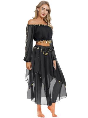 Women Off Shoulder Puff Sleeve Crop Top and Sequin Chiffon Skirt Belly Dance Set front image