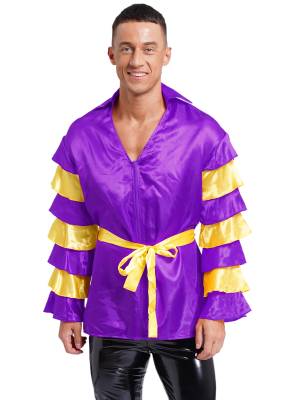 Men Satiny Lapel V Neck Flare Sleeve Shirt with Belt for Carnivals front image