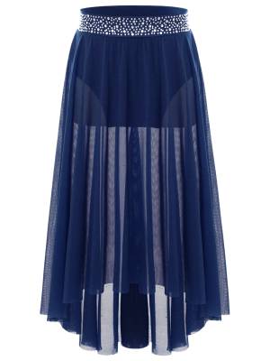 Kids Girls Rhinestones Mesh Hi-Lo Skirt for Lyrical Contemporary Dance front image