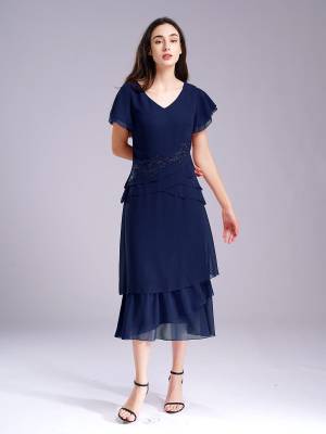 Women Chiffon V Neck Short Sleeve Floral Embroidery Mother of Bride Dress