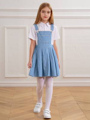 Kids Girls Sleeveless Adjustable Suspenders Denim Overall Pleated Dress front image